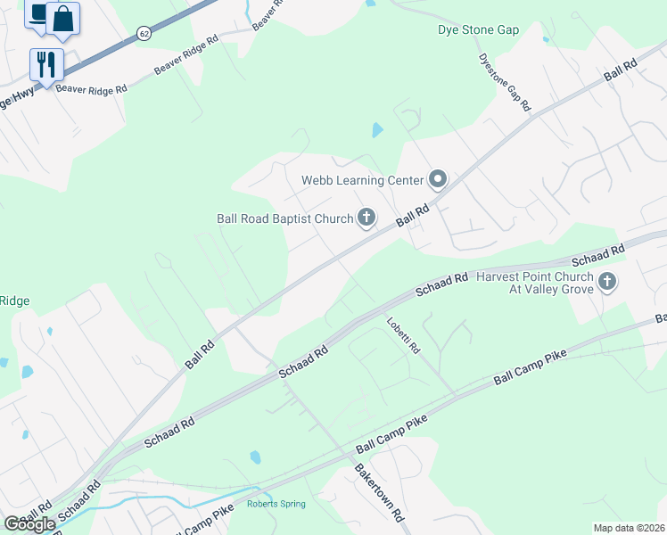map of restaurants, bars, coffee shops, grocery stores, and more near 6500 Ball Road in Knoxville