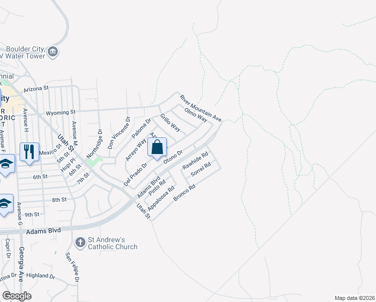 map of restaurants, bars, coffee shops, grocery stores, and more near 625 Otono Drive in Boulder City