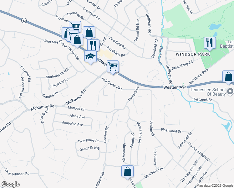 map of restaurants, bars, coffee shops, grocery stores, and more near 3322 Cummins Lane in Knoxville