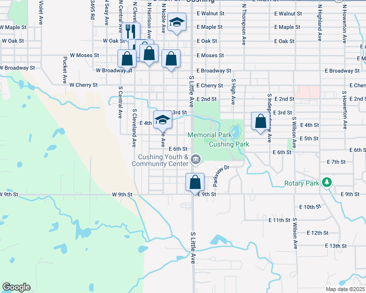 map of restaurants, bars, coffee shops, grocery stores, and more near 425 East 6th Street in Cushing