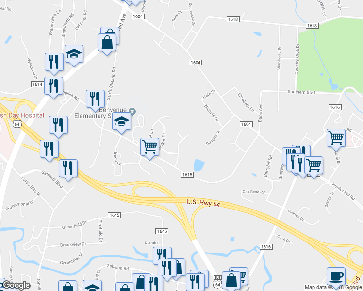 map of restaurants, bars, coffee shops, grocery stores, and more near 57 Wildberry drive in Rocky Mount