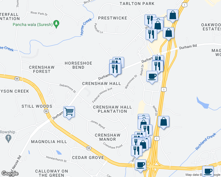 map of restaurants, bars, coffee shops, grocery stores, and more near 1201 Loghouse Street in Wake Forest