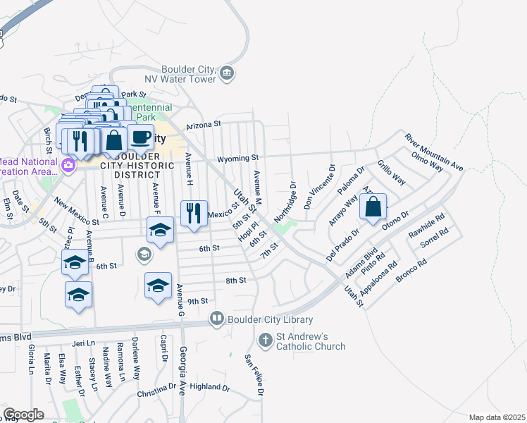 map of restaurants, bars, coffee shops, grocery stores, and more near 813 Utah Street in Boulder City