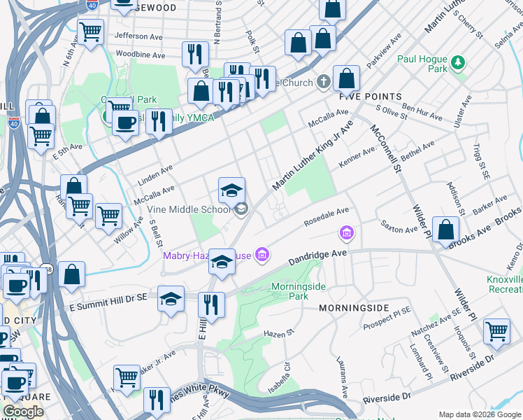 map of restaurants, bars, coffee shops, grocery stores, and more near 1898 Martin Luther King Junior Avenue in Knoxville