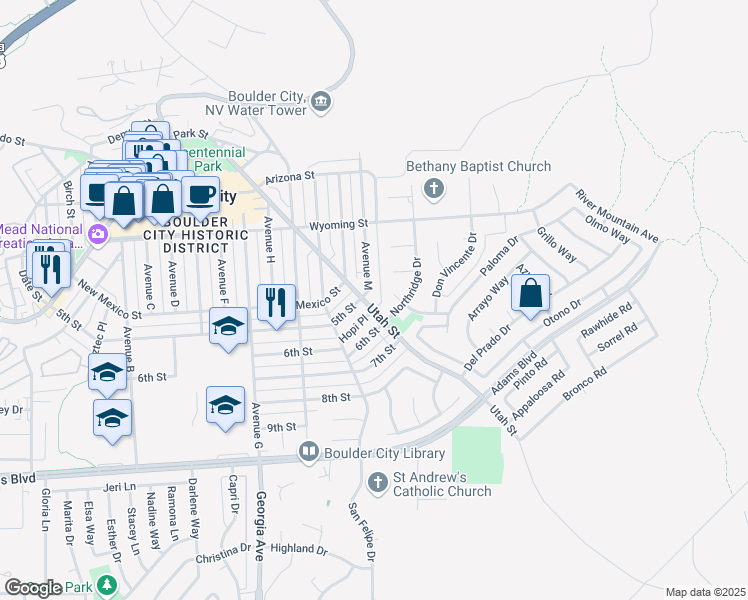 map of restaurants, bars, coffee shops, grocery stores, and more near 805 Utah Street in Boulder City