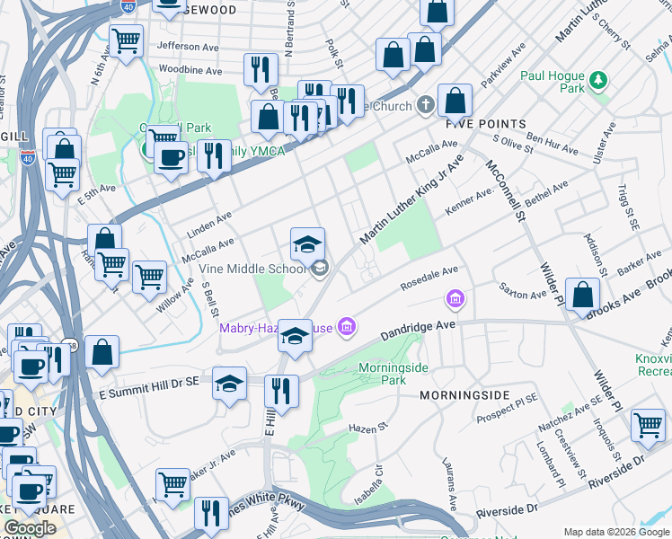 map of restaurants, bars, coffee shops, grocery stores, and more near 1898 Martin Luther King Junior Avenue in Knoxville