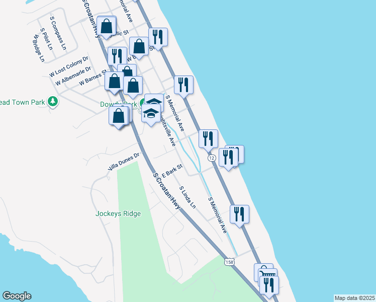 map of restaurants, bars, coffee shops, grocery stores, and more near 3210 South Memorial Avenue in Nags Head