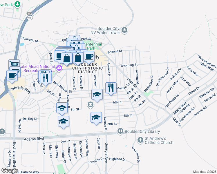 map of restaurants, bars, coffee shops, grocery stores, and more near 664 Avenue H in Boulder City