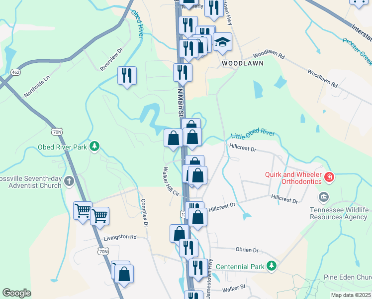 map of restaurants, bars, coffee shops, grocery stores, and more near North Main Street in Crossville