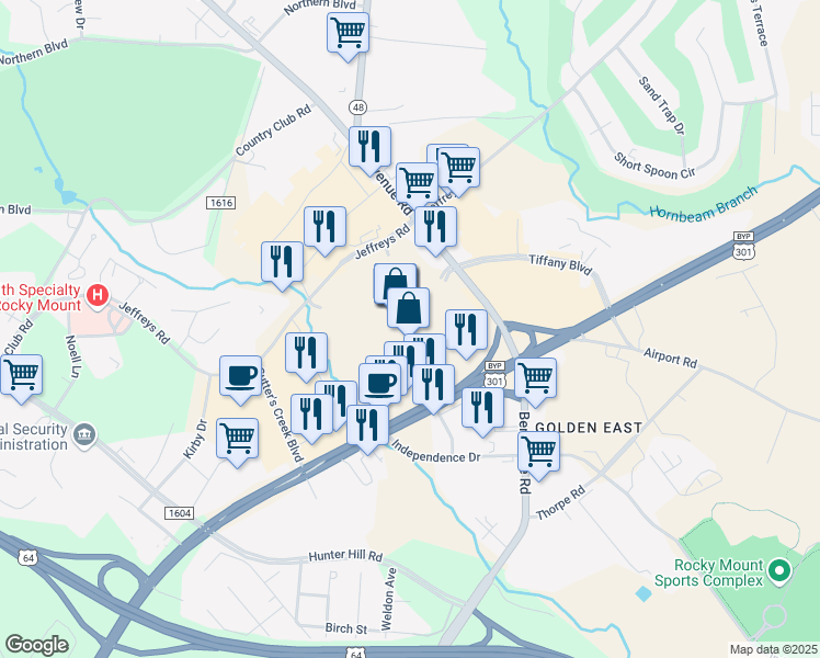 map of restaurants, bars, coffee shops, grocery stores, and more near 1100 North Wesleyan Boulevard in Rocky Mount