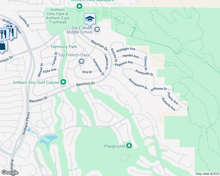 map of restaurants, bars, coffee shops, grocery stores, and more near 19 Desert Highlands Drive in Henderson