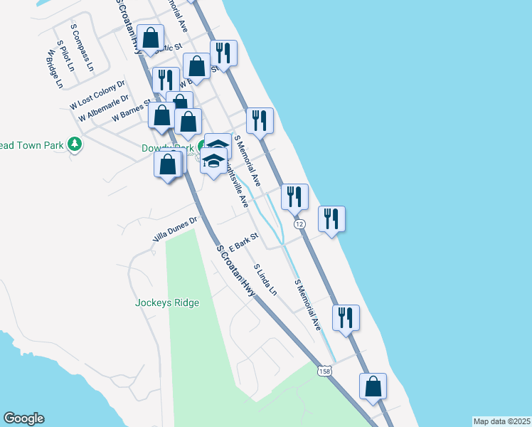 map of restaurants, bars, coffee shops, grocery stores, and more near 3210 South Memorial Avenue in Nags Head