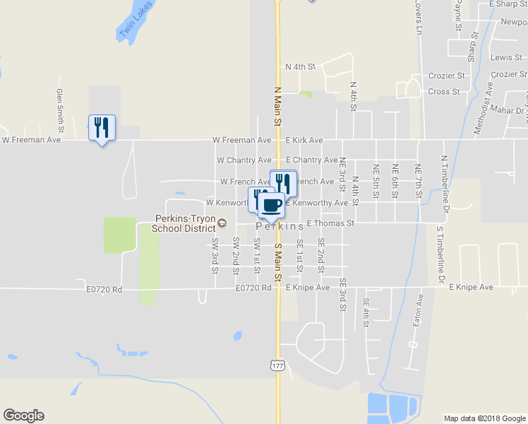 map of restaurants, bars, coffee shops, grocery stores, and more near 118 Northwest 1st Street in Perkins