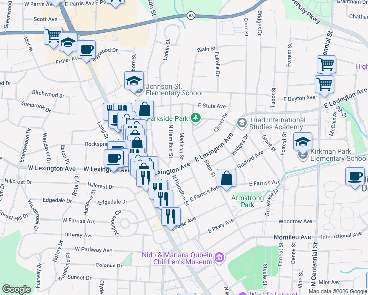 map of restaurants, bars, coffee shops, grocery stores, and more near 404 Clover Drive in High Point