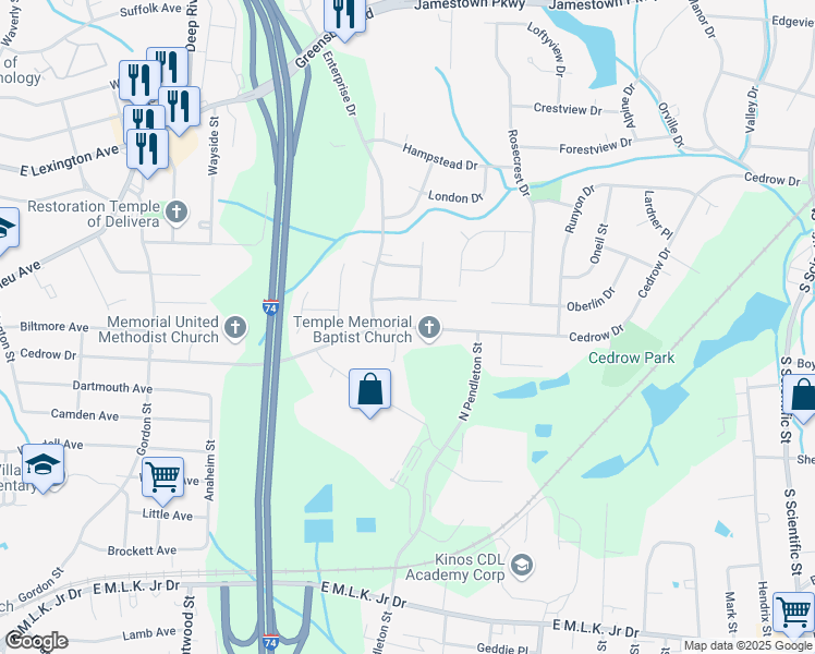map of restaurants, bars, coffee shops, grocery stores, and more near 1446 Cedrow Drive in High Point