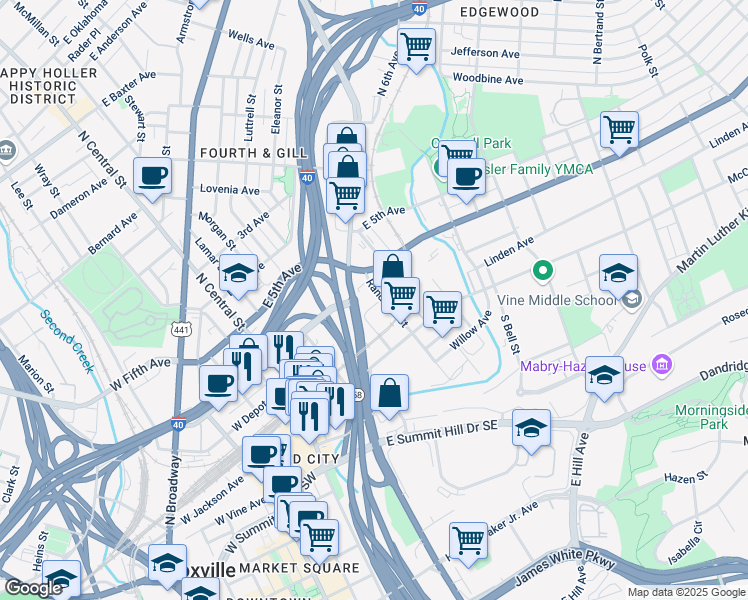 map of restaurants, bars, coffee shops, grocery stores, and more near 600 East Magnolia Ave NE in Knoxville