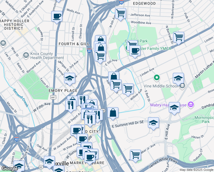 map of restaurants, bars, coffee shops, grocery stores, and more near 600 East Magnolia Ave NE in Knoxville