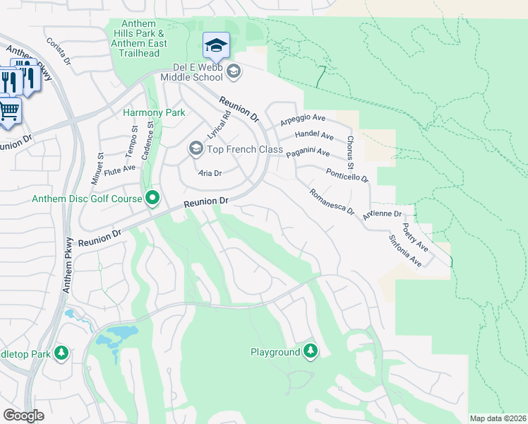 map of restaurants, bars, coffee shops, grocery stores, and more near 19 Desert Highlands Drive in Henderson
