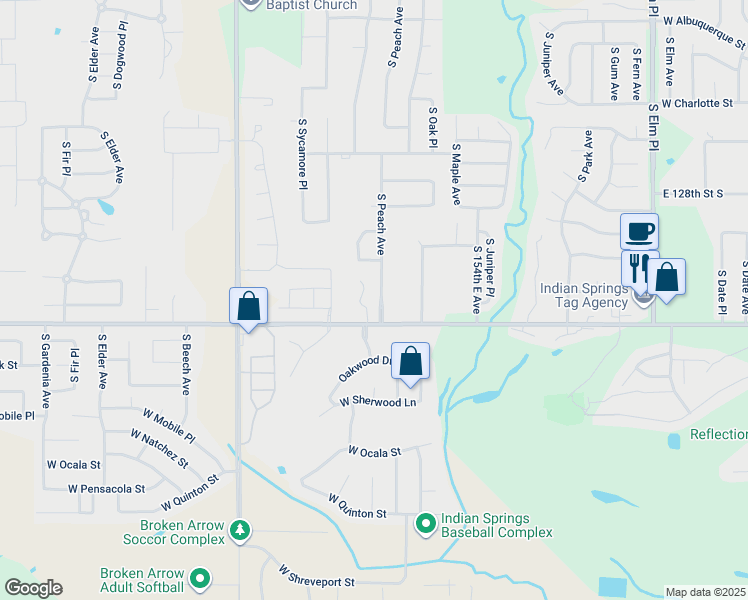 map of restaurants, bars, coffee shops, grocery stores, and more near 8206 South Peach Avenue in Broken Arrow