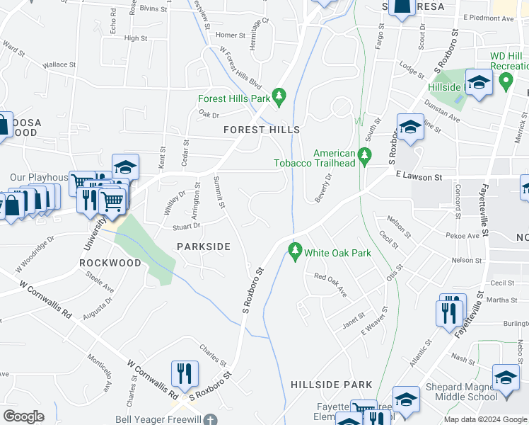 map of restaurants, bars, coffee shops, grocery stores, and more near 2201 Wilshire Drive in Durham