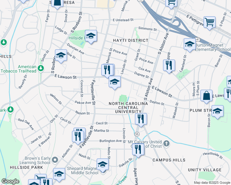 map of restaurants, bars, coffee shops, grocery stores, and more near 1801 Fayetteville Road in Durham