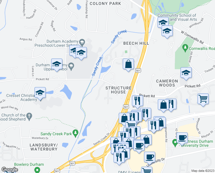 map of restaurants, bars, coffee shops, grocery stores, and more near 3109 Coachman's Way in Durham