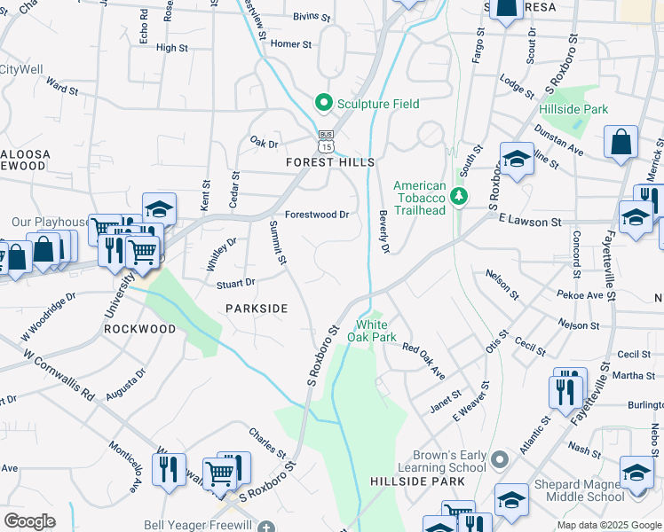map of restaurants, bars, coffee shops, grocery stores, and more near 2201 Wilshire Drive in Durham