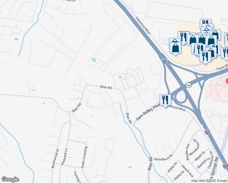 map of restaurants, bars, coffee shops, grocery stores, and more near 250-330 Blair Road in Smyrna