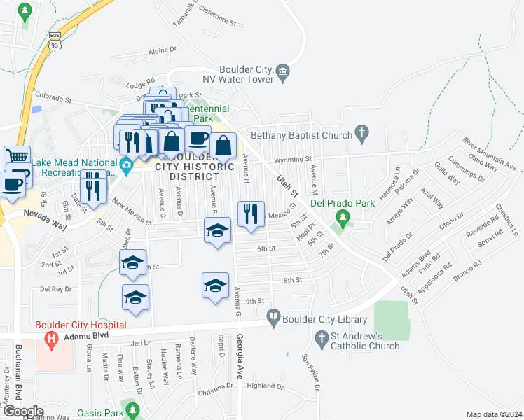 map of restaurants, bars, coffee shops, grocery stores, and more near 664 Avenue I in Boulder City