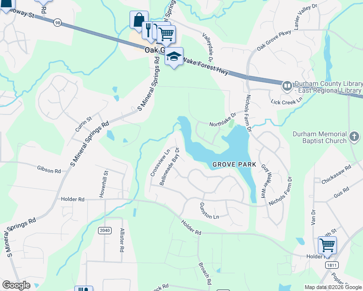 map of restaurants, bars, coffee shops, grocery stores, and more near 503 Bellmeade Bay Drive in Durham