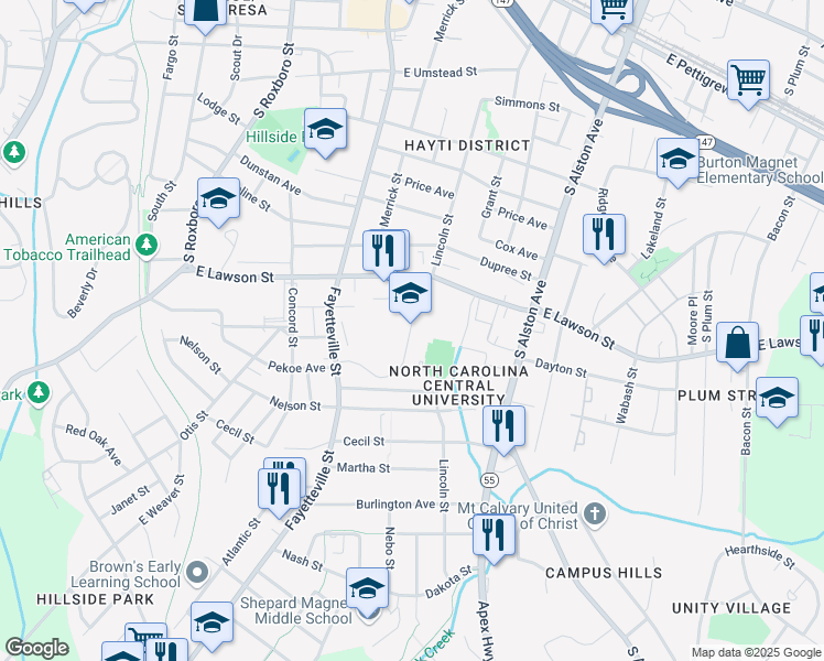 map of restaurants, bars, coffee shops, grocery stores, and more near 1801 Fayetteville Street in Durham