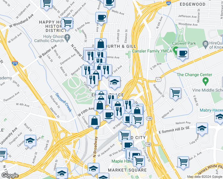 map of restaurants, bars, coffee shops, grocery stores, and more near in Knoxville
