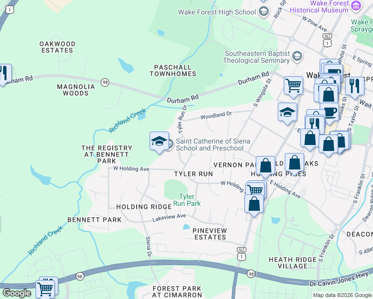 map of restaurants, bars, coffee shops, grocery stores, and more near 646 Tyler Run Drive in Wake Forest