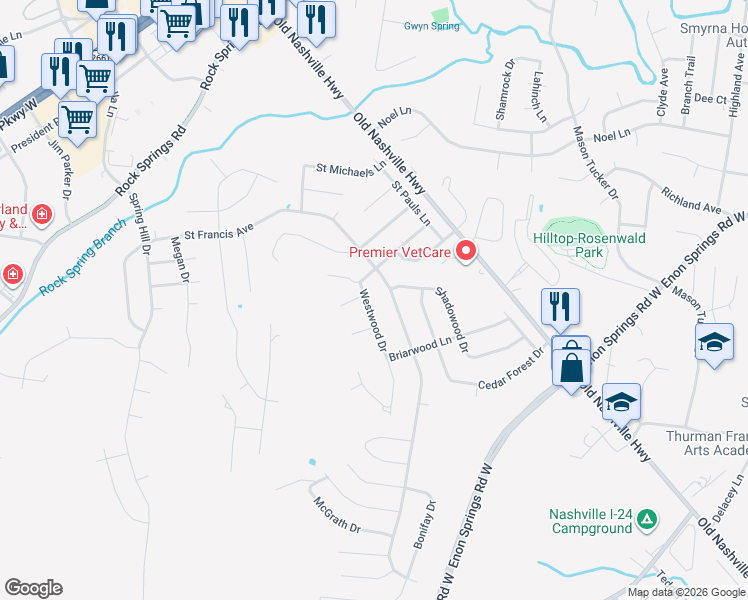 map of restaurants, bars, coffee shops, grocery stores, and more near 430 Westwood Drive in Smyrna