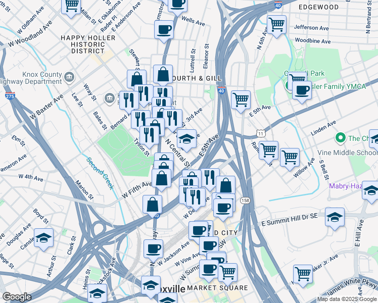 map of restaurants, bars, coffee shops, grocery stores, and more near 101 East 5th Avenue in Knoxville