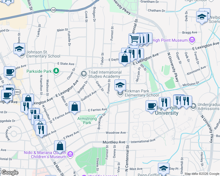 map of restaurants, bars, coffee shops, grocery stores, and more near 1117 Denny Street in High Point
