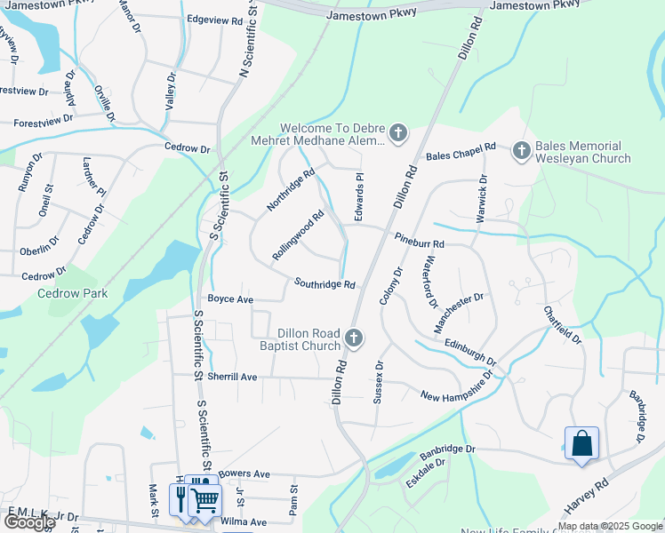 map of restaurants, bars, coffee shops, grocery stores, and more near 507 Southridge Road in Jamestown