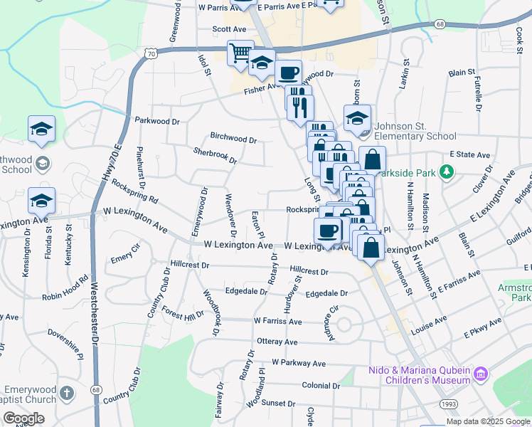 map of restaurants, bars, coffee shops, grocery stores, and more near 325 Rockspring Road in High Point