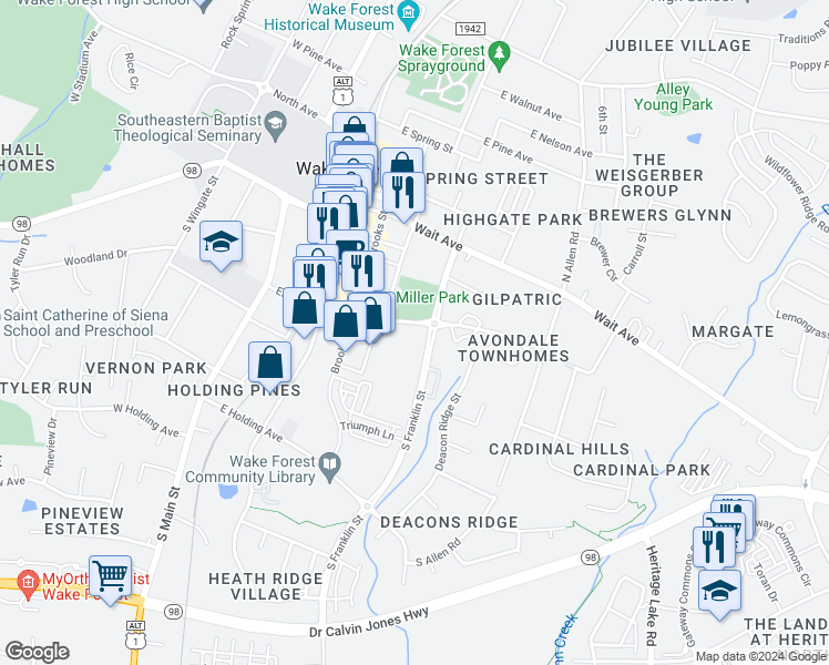 map of restaurants, bars, coffee shops, grocery stores, and more near 420 Elm Avenue in Wake Forest