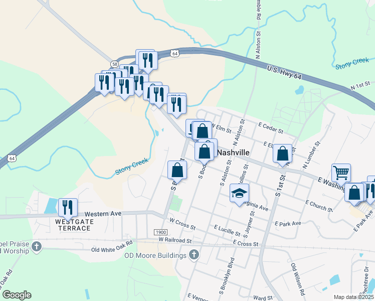 map of restaurants, bars, coffee shops, grocery stores, and more near 109 South Barnes Street in Nashville