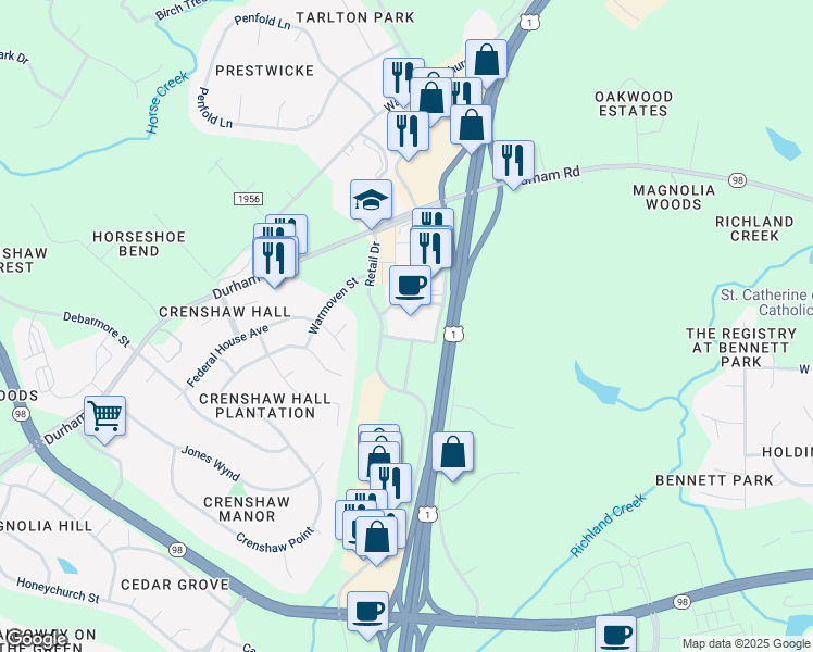 map of restaurants, bars, coffee shops, grocery stores, and more near 12000 Retail Drive in Wake Forest