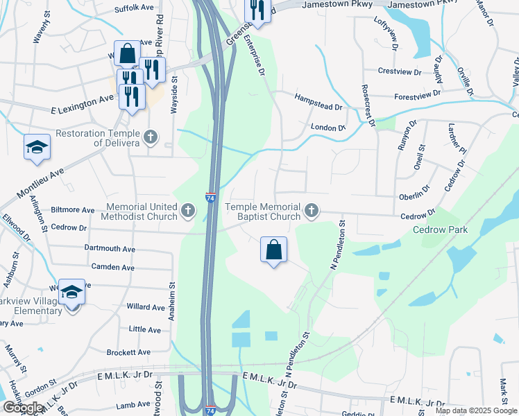 map of restaurants, bars, coffee shops, grocery stores, and more near 504 Birdwood Way in High Point