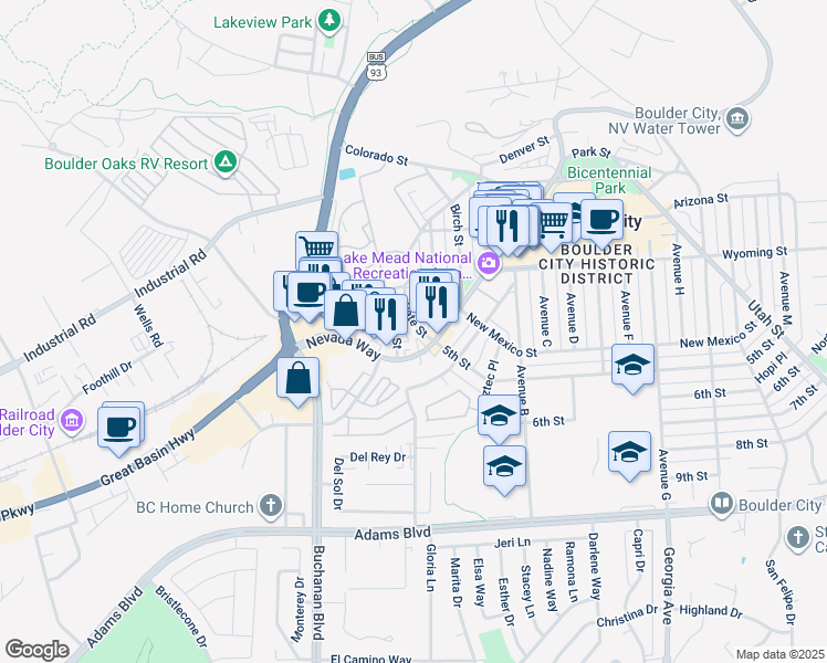 map of restaurants, bars, coffee shops, grocery stores, and more near 552 Date Street in Boulder City