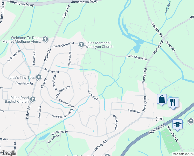 map of restaurants, bars, coffee shops, grocery stores, and more near 4036 Sherry Court in Jamestown