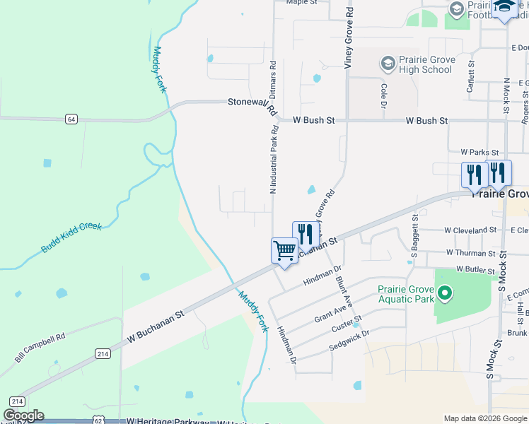 map of restaurants, bars, coffee shops, grocery stores, and more near 853 Escue Drive in Prairie Grove