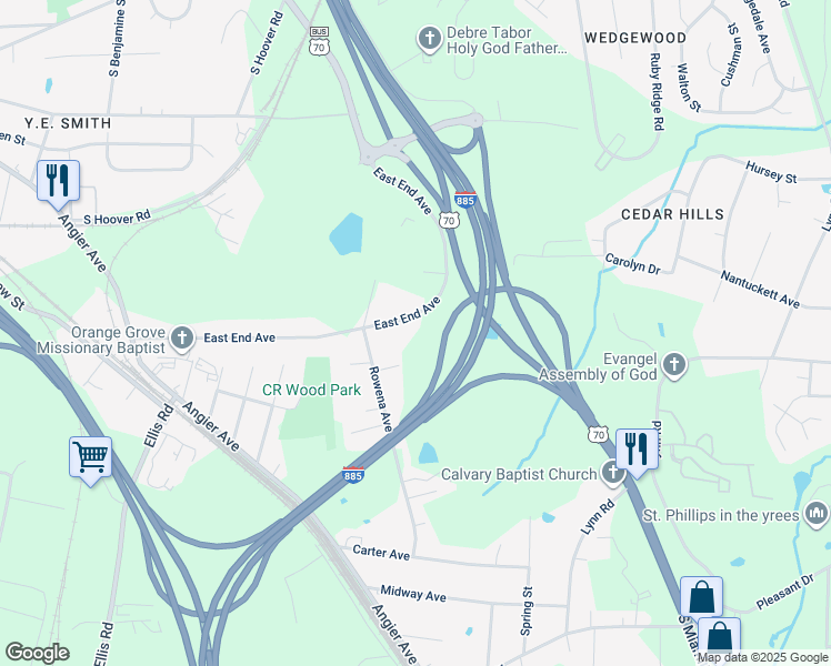map of restaurants, bars, coffee shops, grocery stores, and more near in Durham