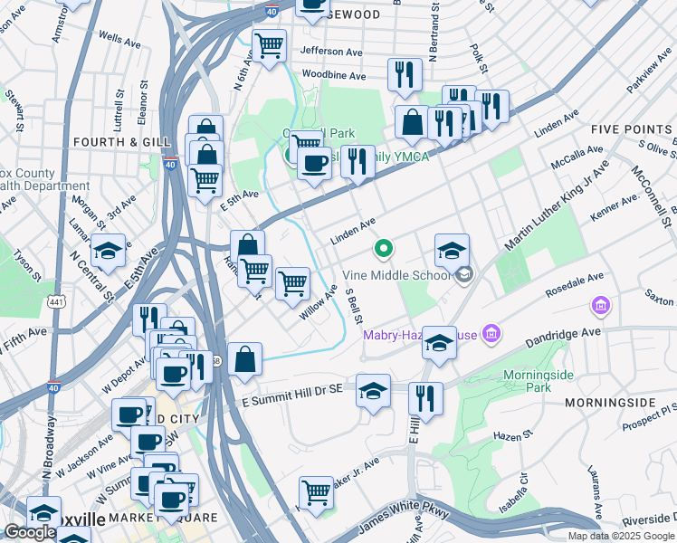 map of restaurants, bars, coffee shops, grocery stores, and more near 120 South Bell Street in Knoxville