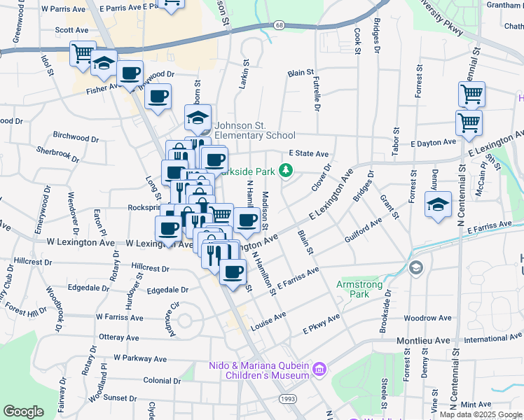 map of restaurants, bars, coffee shops, grocery stores, and more near 1413 Madison Street in High Point