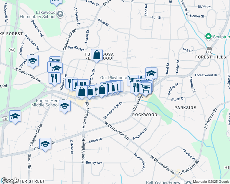 map of restaurants, bars, coffee shops, grocery stores, and more near 2631 Durham-Chapel Hill Boulevard in Durham