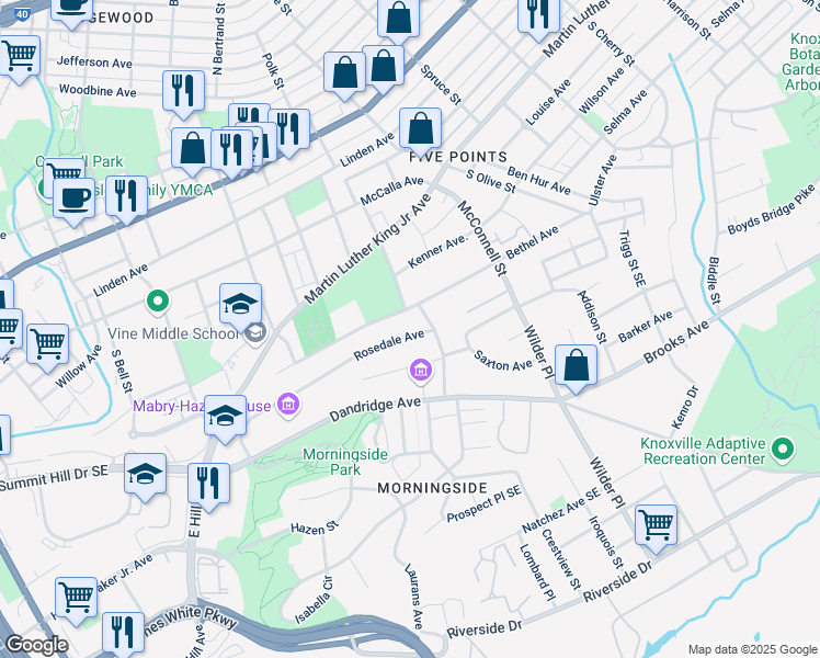 map of restaurants, bars, coffee shops, grocery stores, and more near 1962 Rosedale Avenue in Knoxville